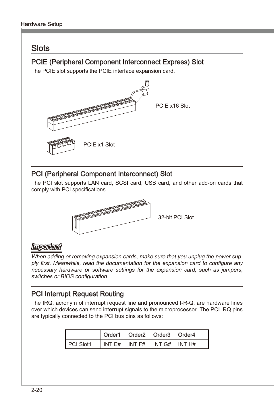 Slots, Slots -20, Pcie, p.2-20 | Pci, p.2-20, Chapter 2, Chapter 2 slots | MSI 990FXA-GD80 User Manual | Page 36 / 76