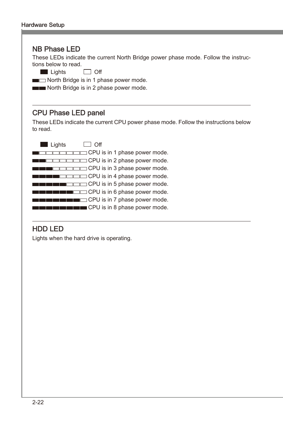 Chapter 2, Nb phase led, Cpu phase led panel | Hdd led | MSI 990FXA-GD80 User Manual | Page 38 / 76