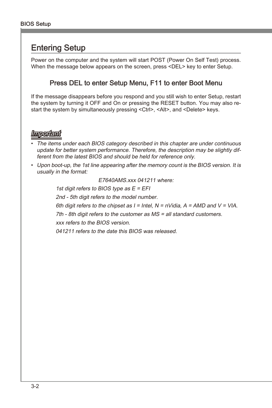 Entering setup, Enterng setup -2, Chapter 3 | Chapter 3 enterng setup, Important | MSI 990FXA-GD80 User Manual | Page 42 / 76