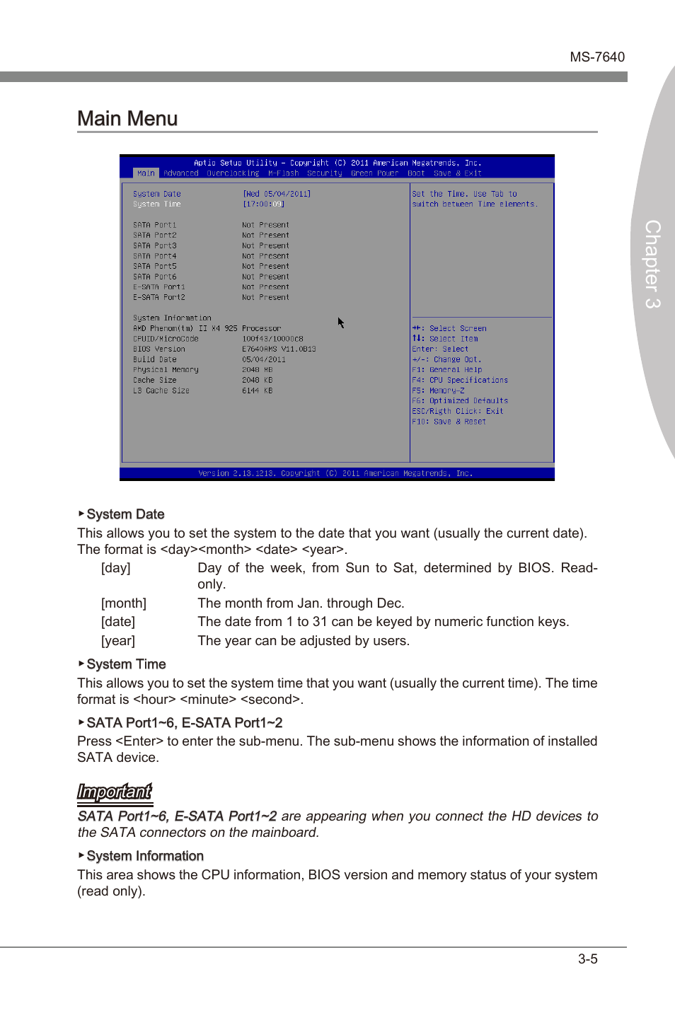 Main menu, Man menu -5, Chapter 3 | Chapter 3 man menu, Important | MSI 990FXA-GD80 User Manual | Page 45 / 76