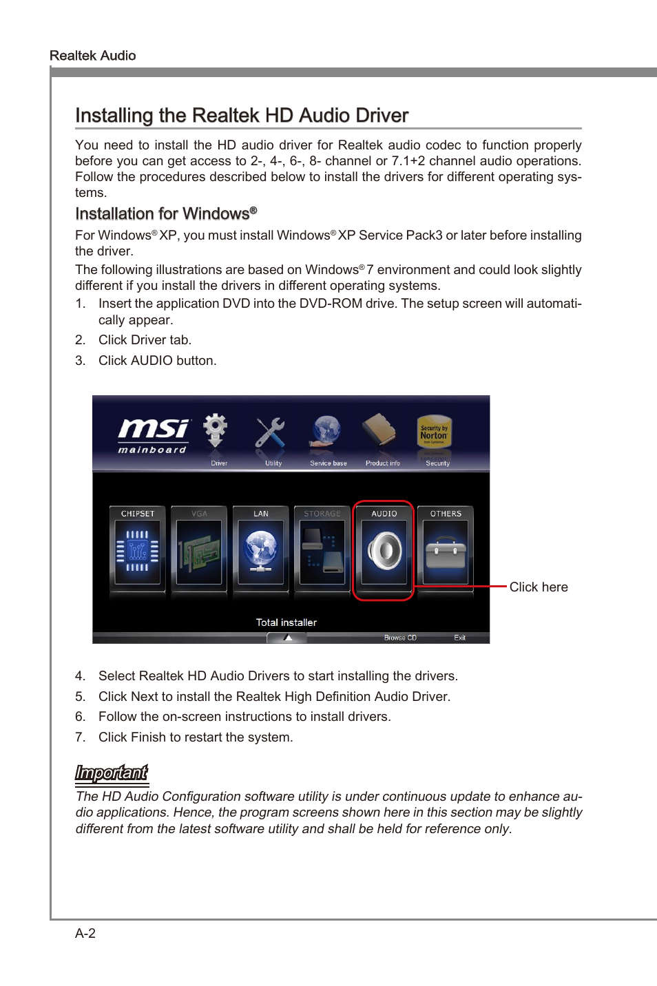 Installing the realtek hd audio driver, Append x a, Append x a installng the realtek hd audo drver | Installaton for wndows, Important | MSI 990FXA-GD80 User Manual | Page 62 / 76