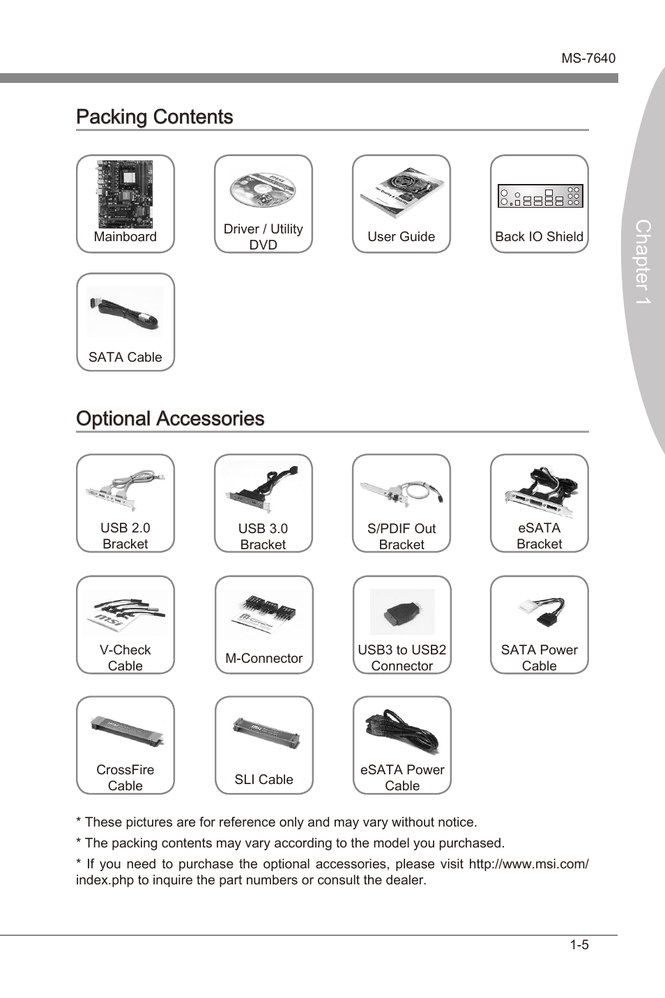 Packing contents, Optional accessories, Packng contents -5 optonal accessores -5 | Chapter 1, Chapter 1 packng contents, Optonal accessores | MSI 990FXA-GD65 User Manual | Page 15 / 74