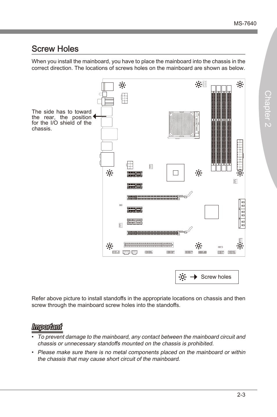 Screw holes, Screw holes -3, Chapter 2 | Important | MSI 990FXA-GD65 User Manual | Page 19 / 74