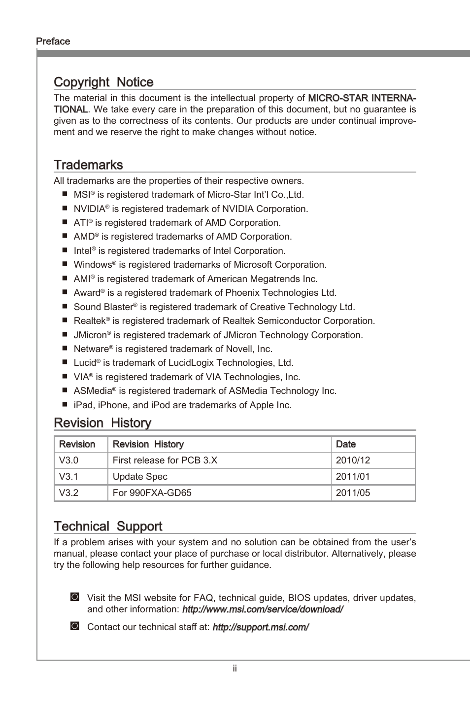 Copyright notice, Trademarks, Revision history | Technical support, Preface, Copyrght notce, Revson hstory, Techncal support | MSI 990FXA-GD65 User Manual | Page 2 / 74