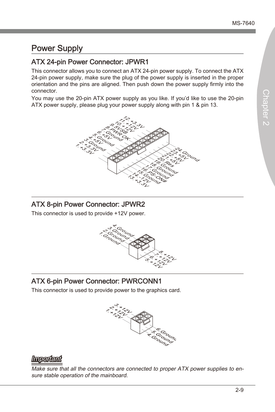 Power supply, Power supply -9, Chapter 2 | Chapter 2 power supply, Atx 24-pn power connector: jpwr1, Atx 8-pn power connector: jpwr2, Atx 6-pn power connector: pwrconn1, Important | MSI 990FXA-GD65 User Manual | Page 25 / 74