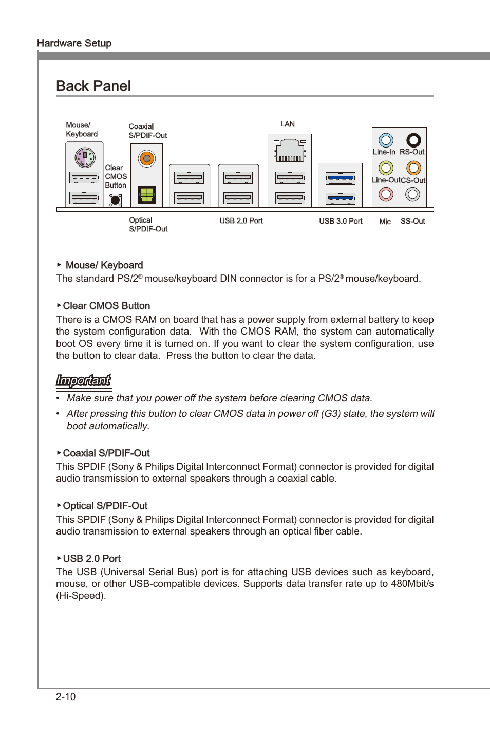 Back panel, Back panel -10, Chapter 2 | Chapter 2 back panel, Important | MSI 990FXA-GD65 User Manual | Page 26 / 74