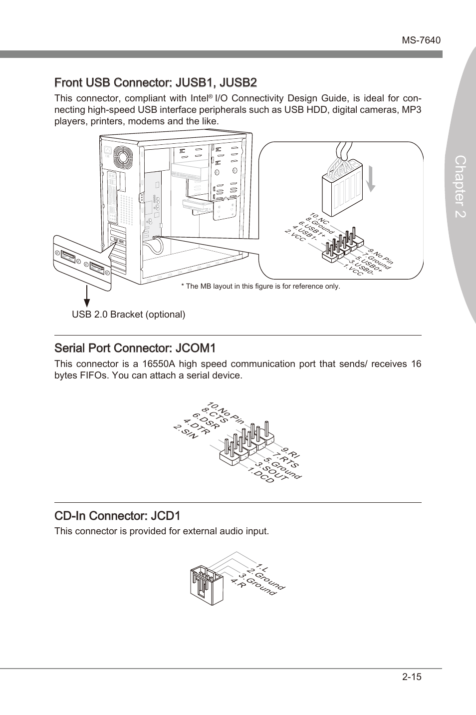 Chapter 2, Front usb connector: jusb1, jusb2, Seral port connector: jcom1 | Cd-in connector: jcd1 | MSI 990FXA-GD65 User Manual | Page 31 / 74