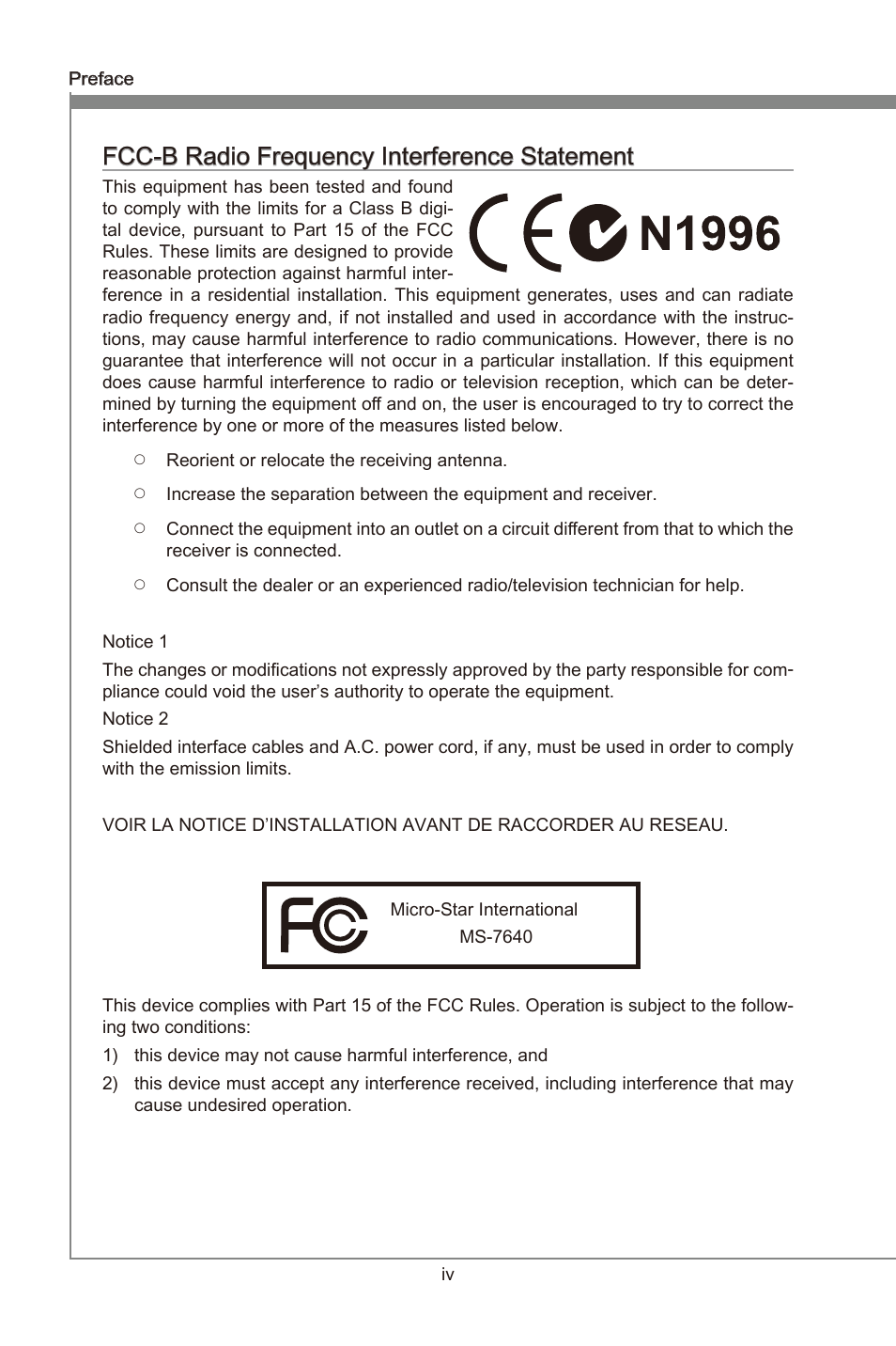 Fcc-b radio frequency interference statement, Preface, Fcc-b rado frequency interference statement | MSI 990FXA-GD65 User Manual | Page 4 / 74