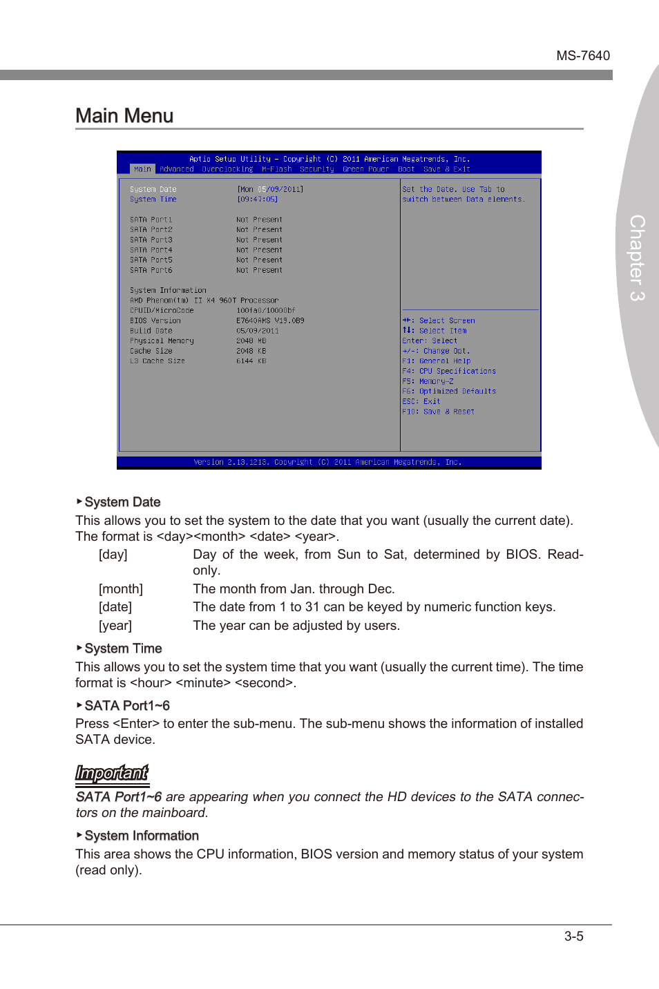 Main menu, Man menu -5, Chapter 3 | Chapter 3 man menu, Important | MSI 990FXA-GD65 User Manual | Page 41 / 74