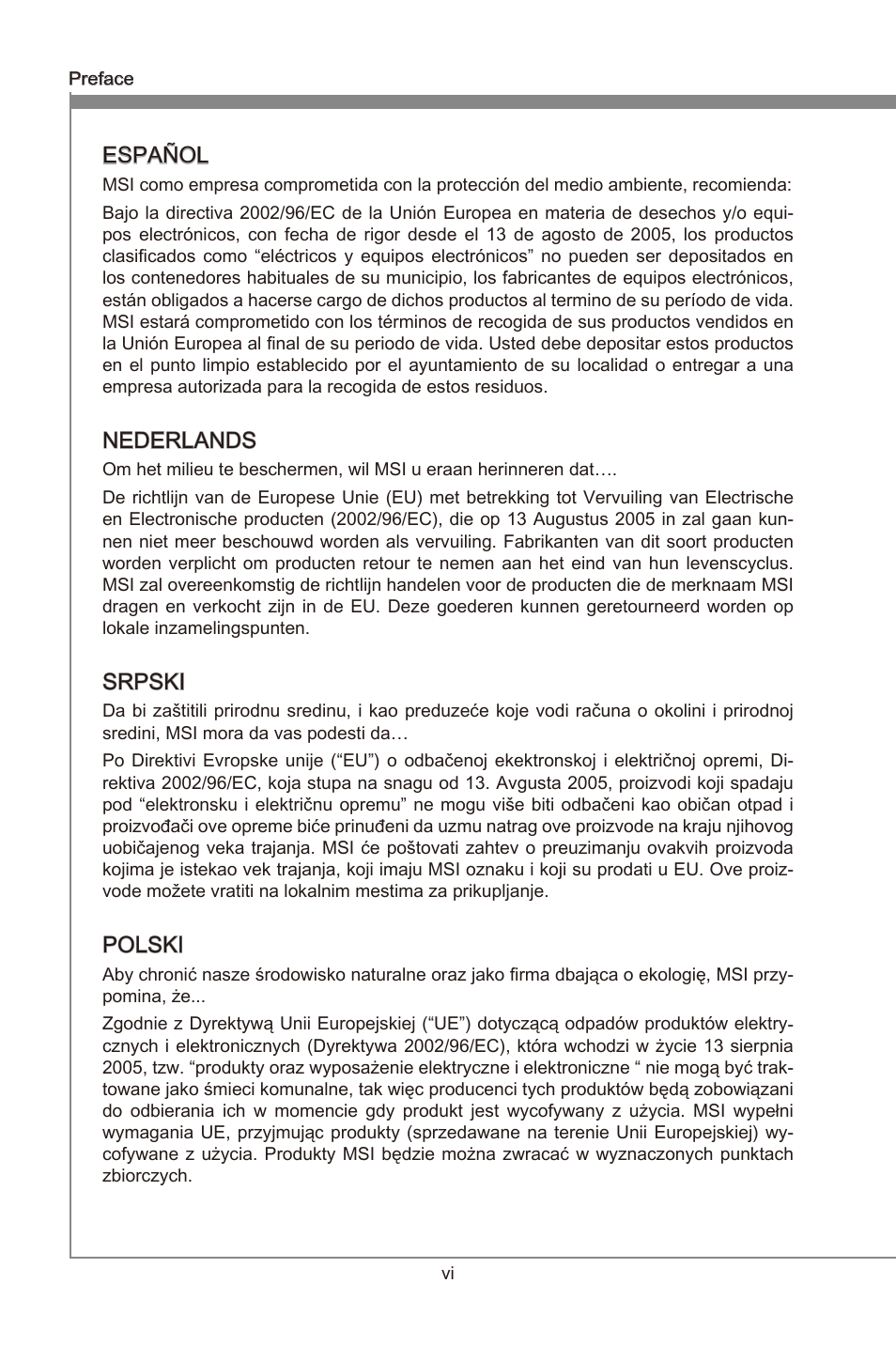 Preface, Español, Nederlands | Srpski, Polski | MSI 990FXA-GD65 User Manual | Page 6 / 74