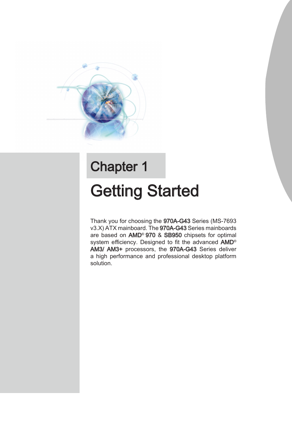 Chapter 1, Getting started, Chapter 1 gettng started -1 | Gettng started | MSI 970A-G43 User Manual | Page 13 / 80