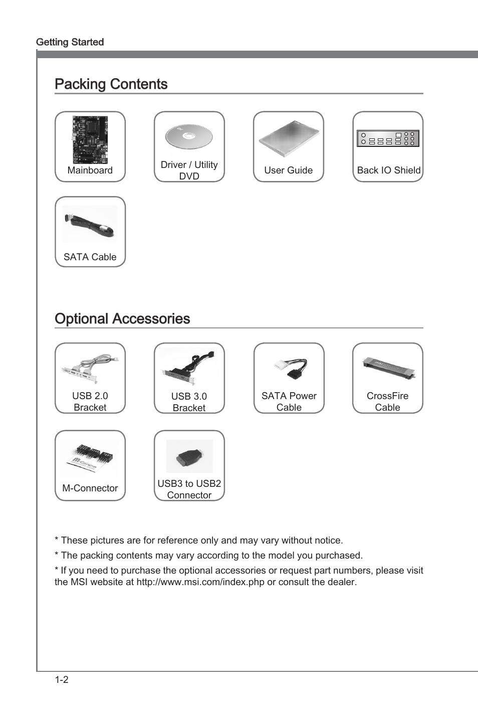 Packing contents, Optional accessories, Packng contents -2 optonal accessores -2 | Packng contents, Optonal accessores | MSI 970A-G43 User Manual | Page 14 / 80