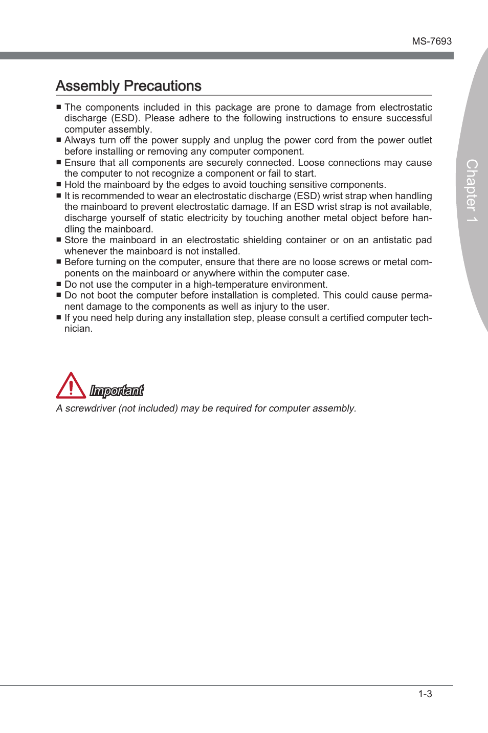 Assembly precautions, Assembly precautons -3, Chapter 1 assembly precautons | Important | MSI 970A-G43 User Manual | Page 15 / 80