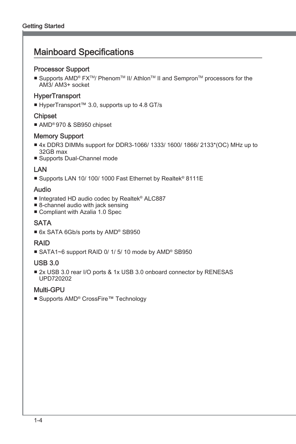 Mainboard specifications, Manboard specficatons -4, Manboard specficatons | MSI 970A-G43 User Manual | Page 16 / 80