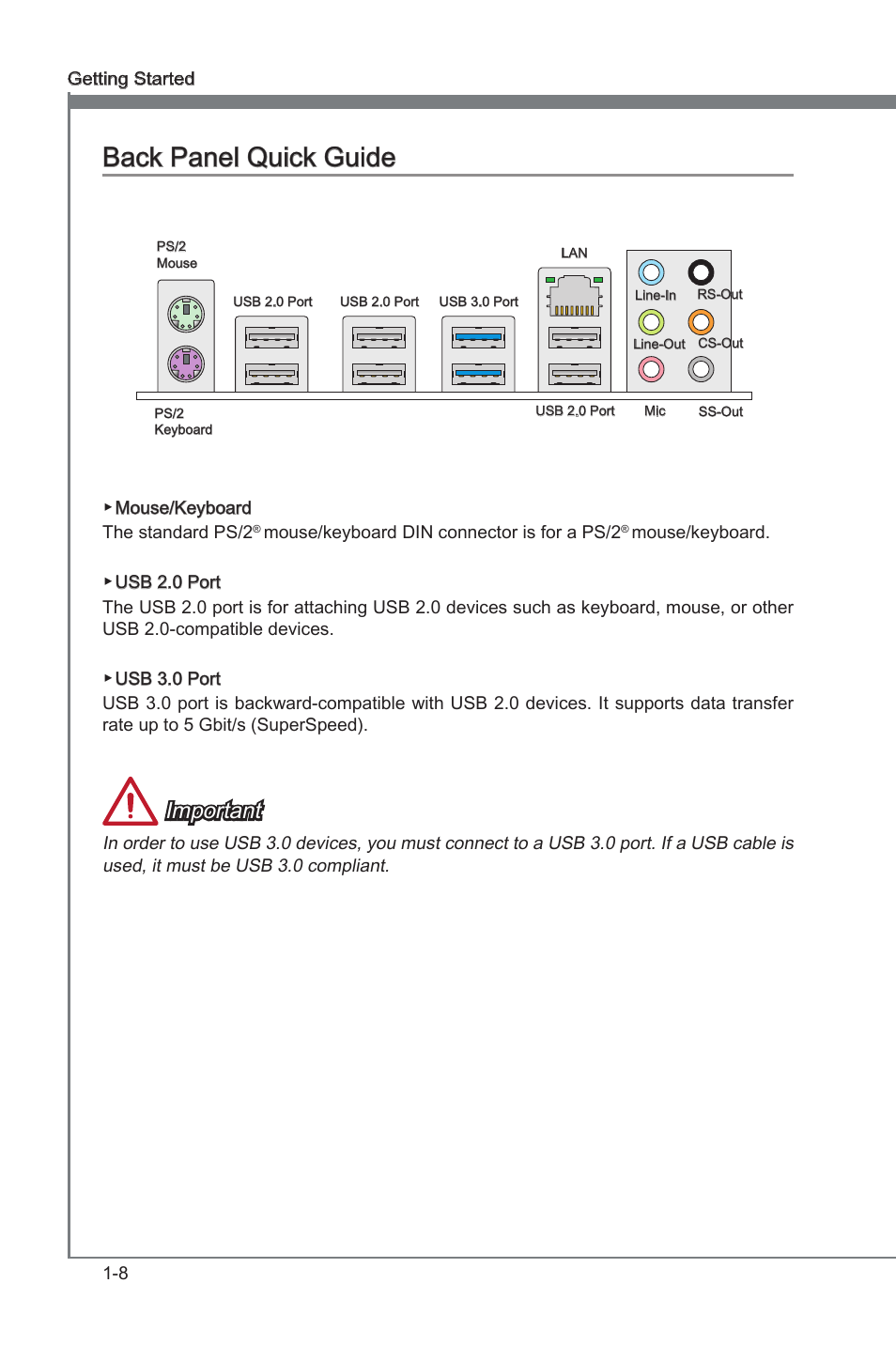 Back panel quick guide, Back panel quck gude -8, Back panel quck gude | Important | MSI 970A-G43 User Manual | Page 20 / 80