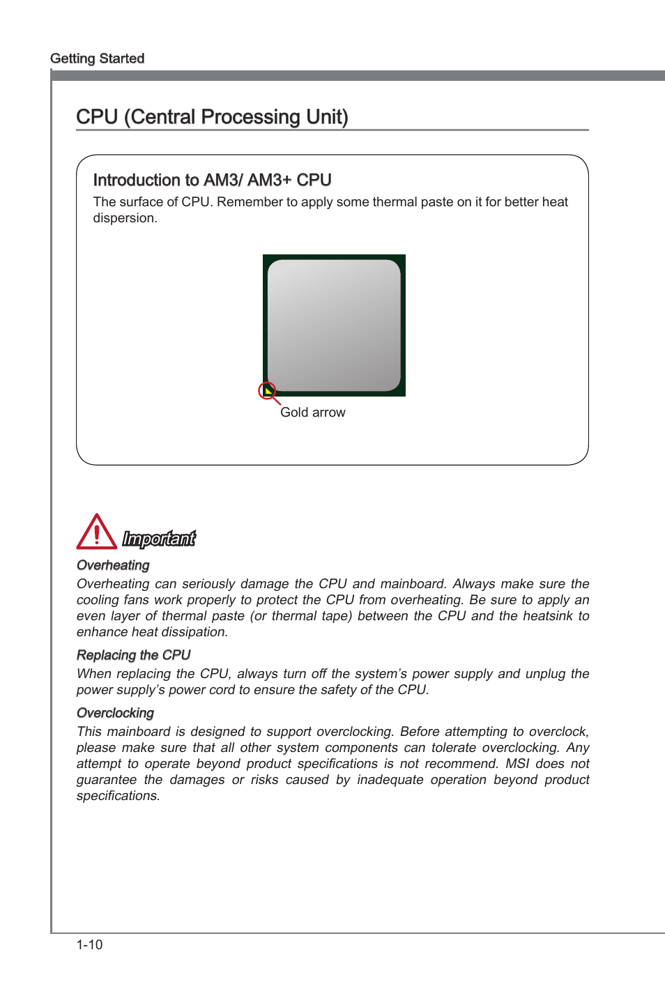 Cpu (central processing unit), Cpu (central processng unt) -10, Cpu (central processng unt) | Important, Introducton to am3/ am3+ cpu | MSI 970A-G43 User Manual | Page 22 / 80