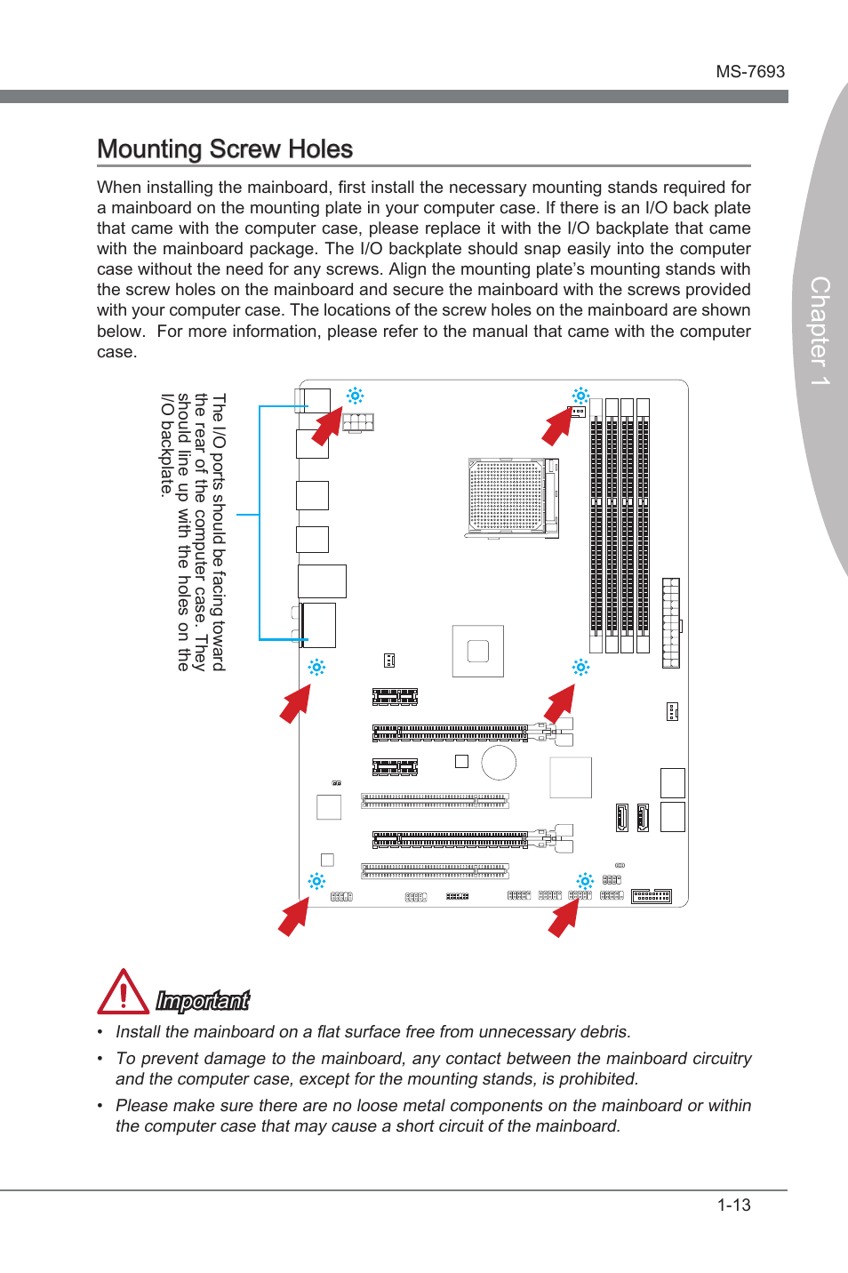 Mounting screw holes, Mountng screw holes -13, Chapter 1 mountng screw holes | Important | MSI 970A-G43 User Manual | Page 25 / 80
