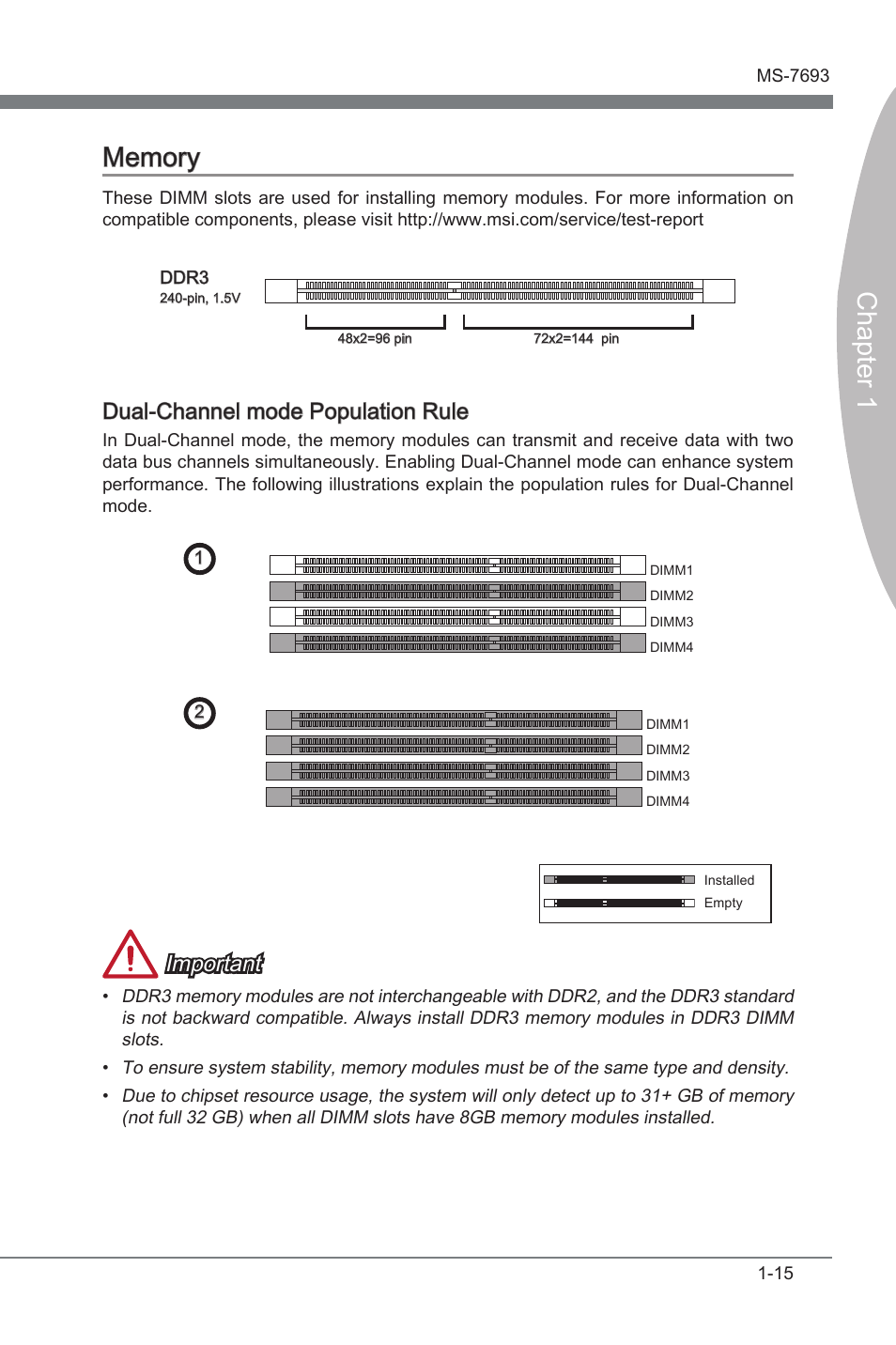 Memory, Memory -15, Dual-channel mode populaton rule | Important | MSI 970A-G43 User Manual | Page 27 / 80
