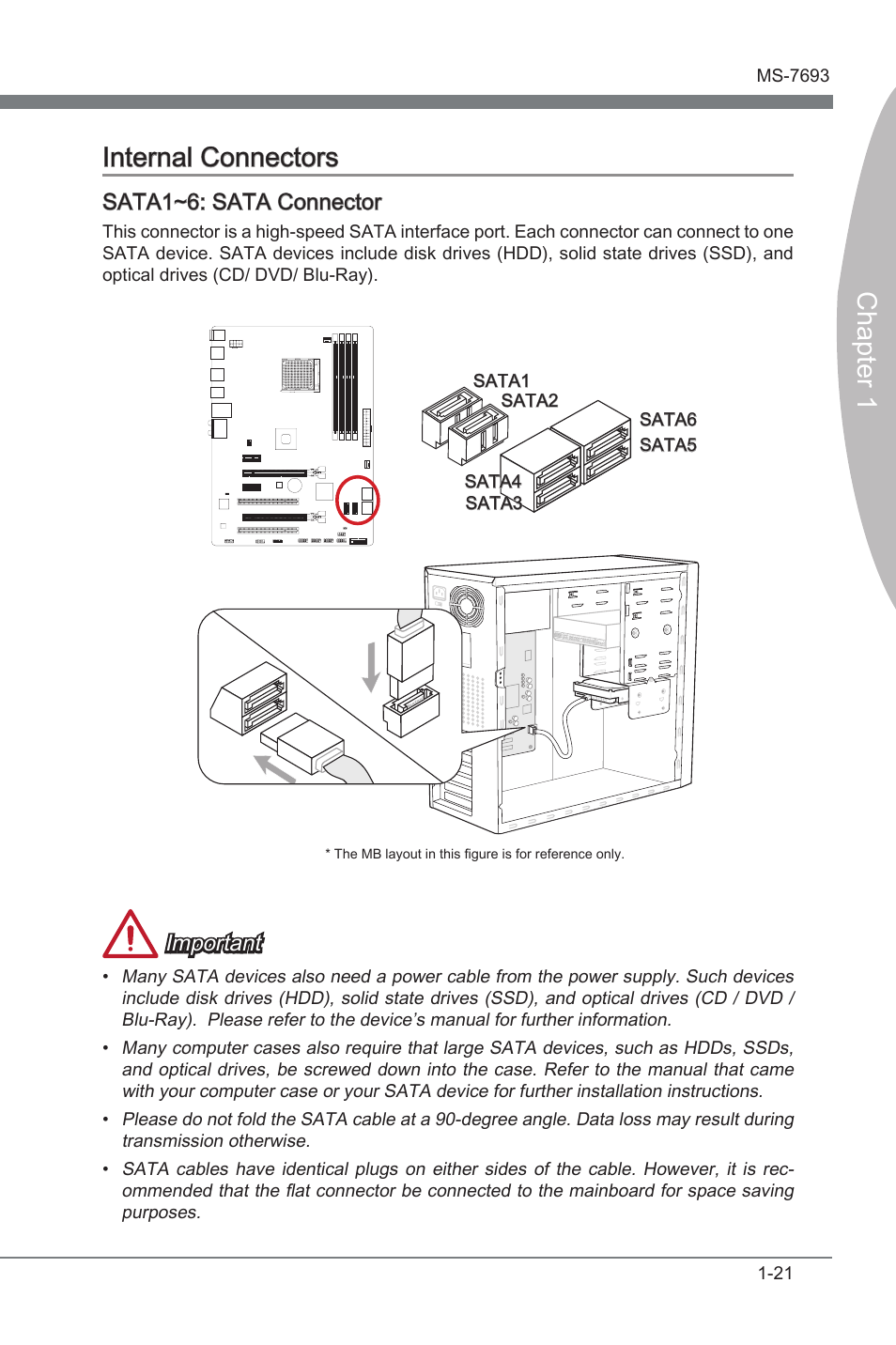 Internal connectors, Internal connectors -21, Sata1~6 | Sata 6gb/s connectors, Chapter 1 internal connectors, Sata1~6: sata connector, Important | MSI 970A-G43 User Manual | Page 33 / 80
