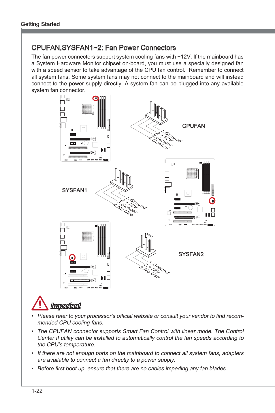 Cpufan,sysfan1~2, Fan power connectors, Cpufan,sysfan1~2: fan power connectors | Important | MSI 970A-G43 User Manual | Page 34 / 80