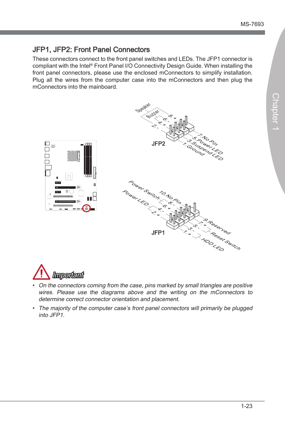 Jfp1, jfp2, Front panel connectors, Chapter 1 | Jfp1, jfp2: front panel connectors, Important | MSI 970A-G43 User Manual | Page 35 / 80