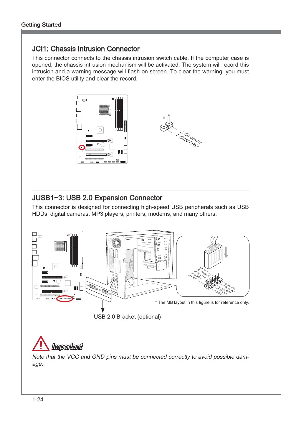 Jci1, Chasss intruson connector, Jusb1~3 | Usb 2.0 expanson connectors, Jci1: chasss intruson connector, Jusb1~3: usb 2.0 expanson connector, Important, 24 gettng started, Usb 2.0 bracket (optonal) | MSI 970A-G43 User Manual | Page 36 / 80
