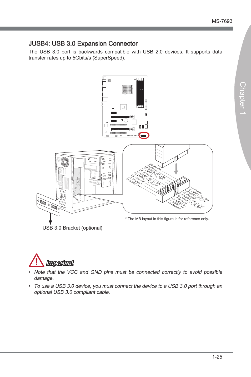 Jusb4, Usb 3.0 expanson connector, Chapter 1 | Jusb4: usb 3.0 expanson connector, Important, Usb 3.0 bracket (optonal) | MSI 970A-G43 User Manual | Page 37 / 80