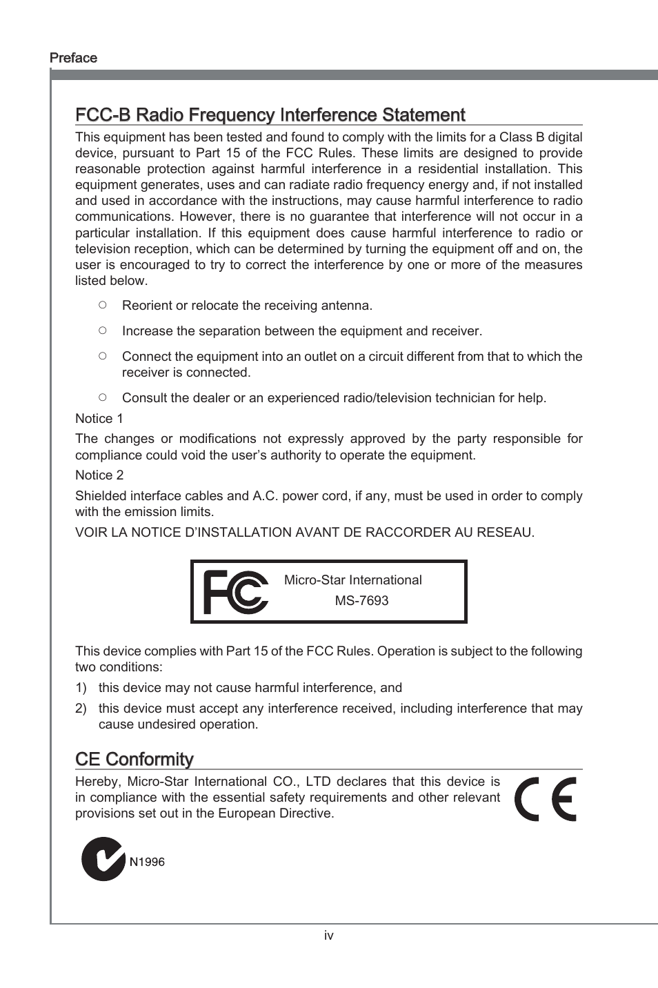 Fcc-b radio frequency interference statement, Ce conformity, Preface | Ce conformty, Fcc-b rado frequency interference statement | MSI 970A-G43 User Manual | Page 4 / 80
