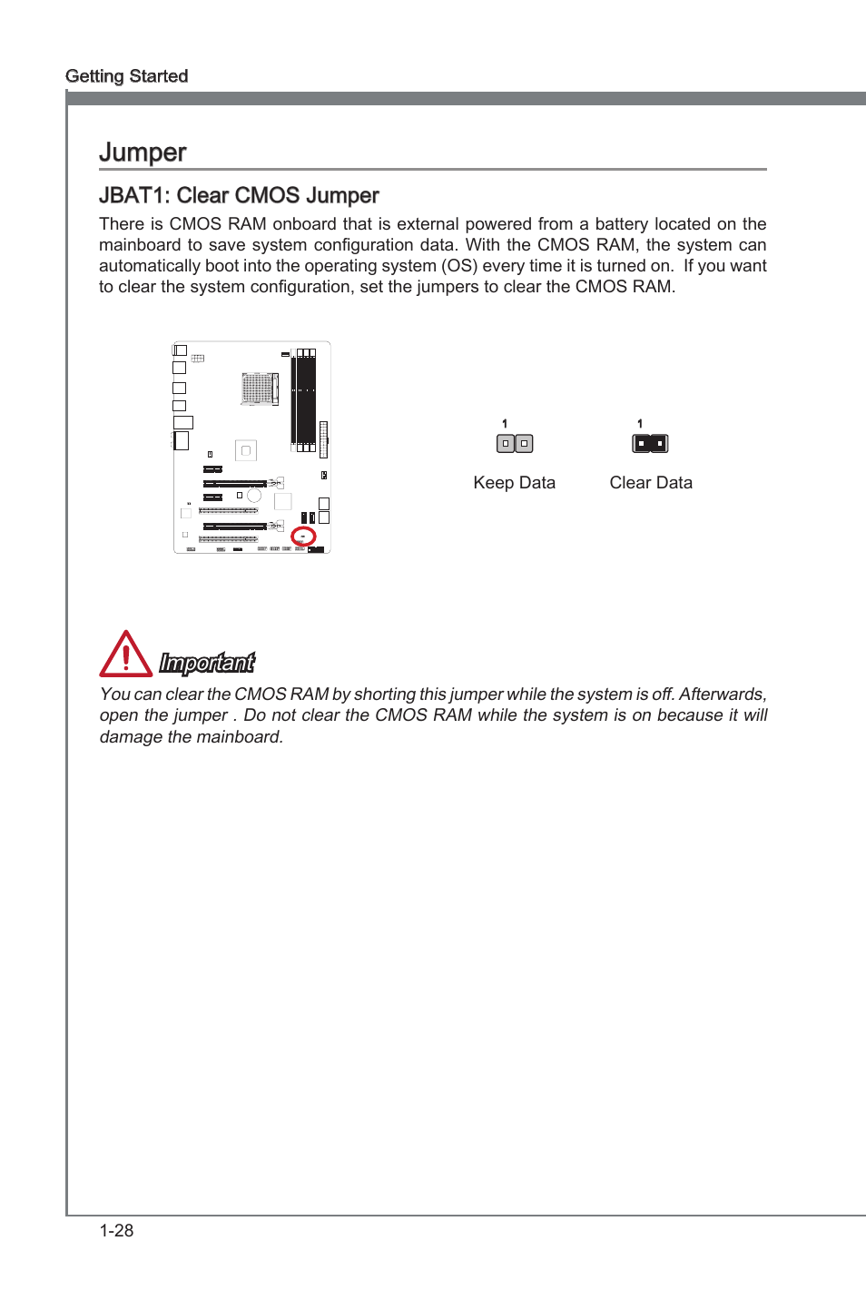 Jumper, Jumper -28, Jbat1 | Clear cmos jumper, Jbat1: clear cmos jumper, Important | MSI 970A-G43 User Manual | Page 40 / 80
