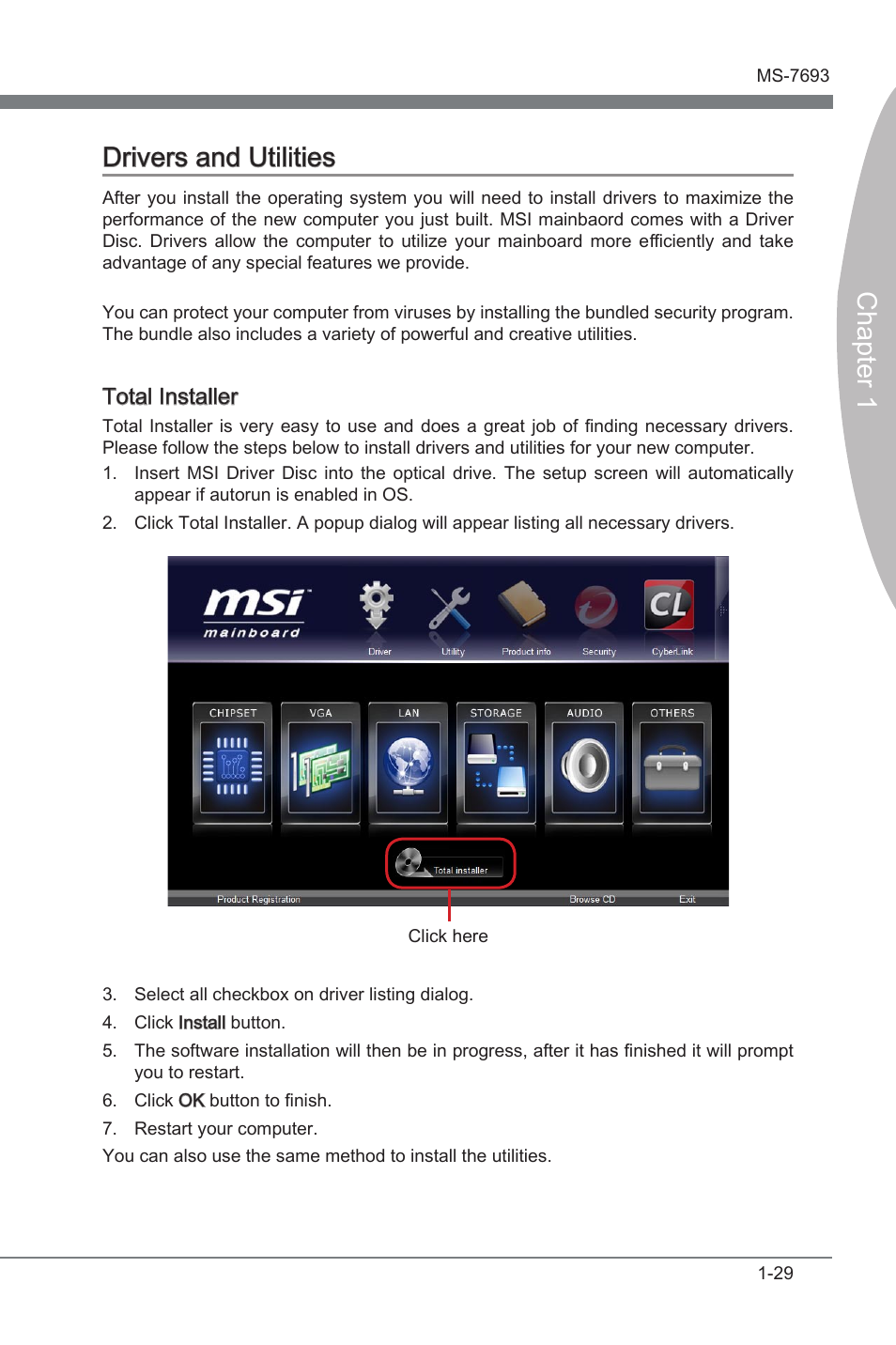 Drivers and utilities, Drvers and utltes -29, Chapter 1 drvers and utltes | Total installer | MSI 970A-G43 User Manual | Page 41 / 80