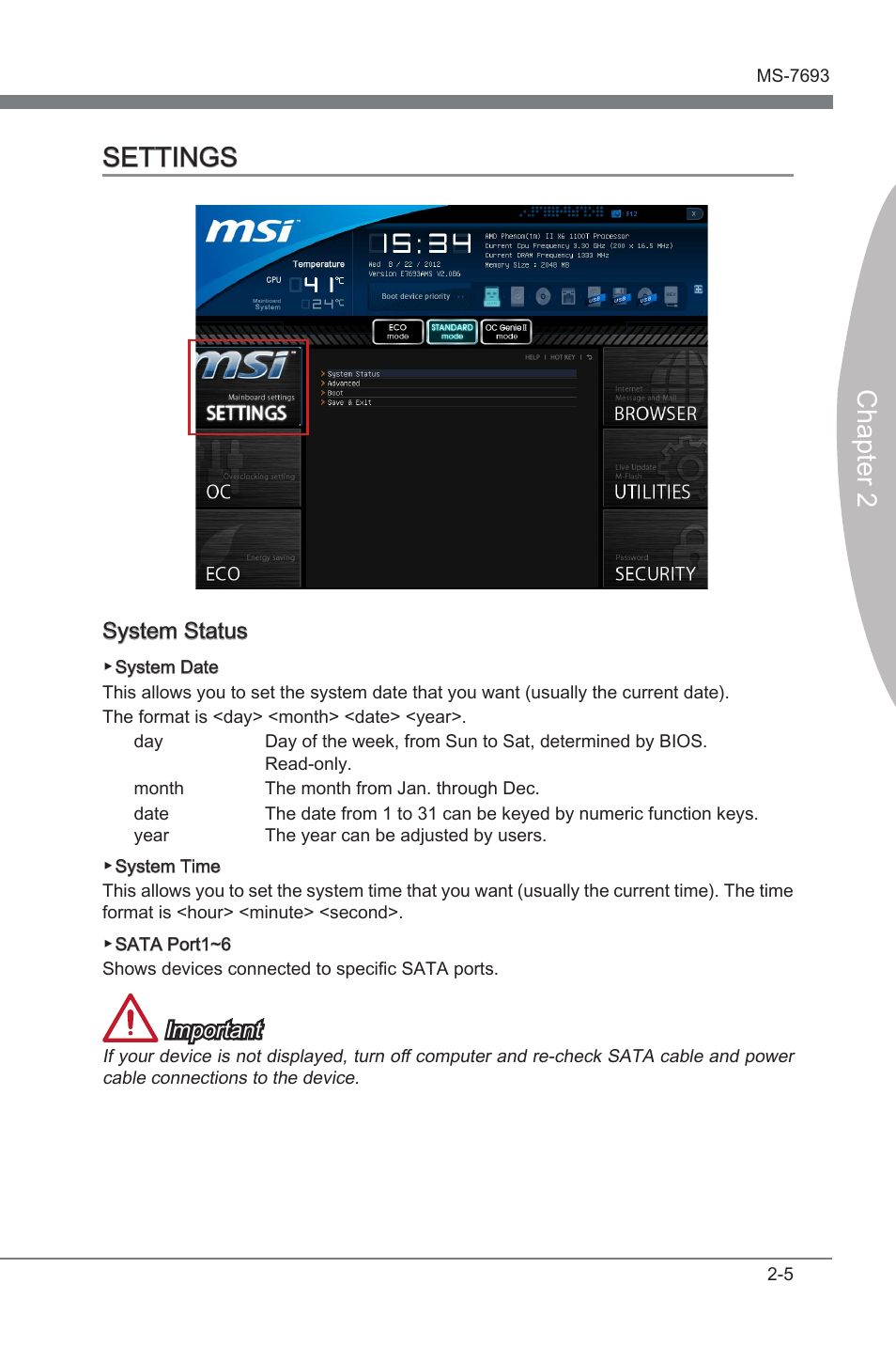Settings, Settings -5, Chapter 2 settings | System status, Important | MSI 970A-G43 User Manual | Page 47 / 80