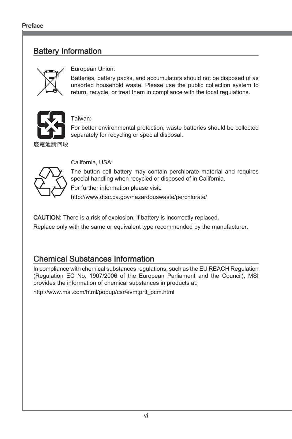 Battery information, Chemical substances information, Preface | MSI 970A-G43 User Manual | Page 6 / 80