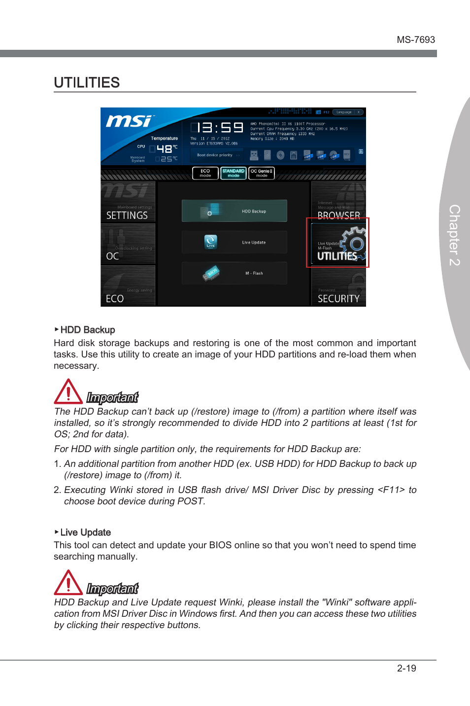 Utilities, Utilities -19, Chapter 2 utilities | Important | MSI 970A-G43 User Manual | Page 61 / 80