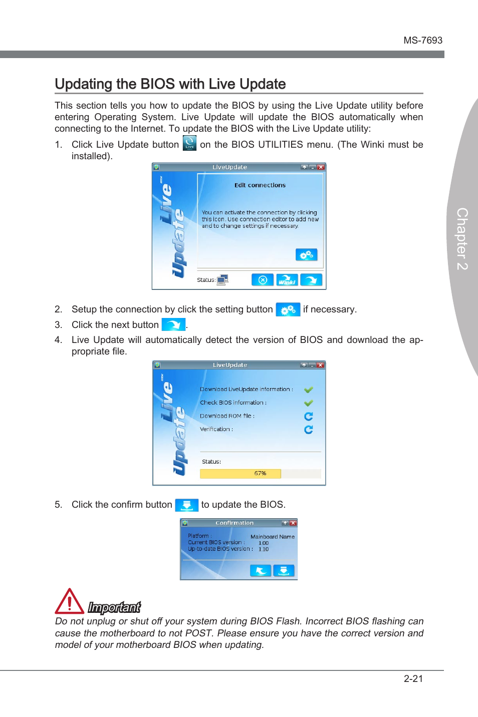 Updating the bios with live update, Updatng the bios wth lve update -21, Chapter 2 updatng the bios wth lve update | Important | MSI 970A-G43 User Manual | Page 63 / 80