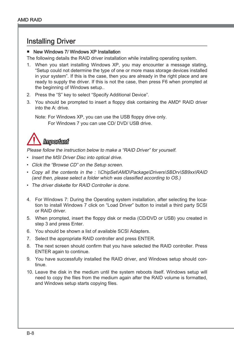 Installing driver, Installng drver, Important | MSI 970A-G43 User Manual | Page 78 / 80