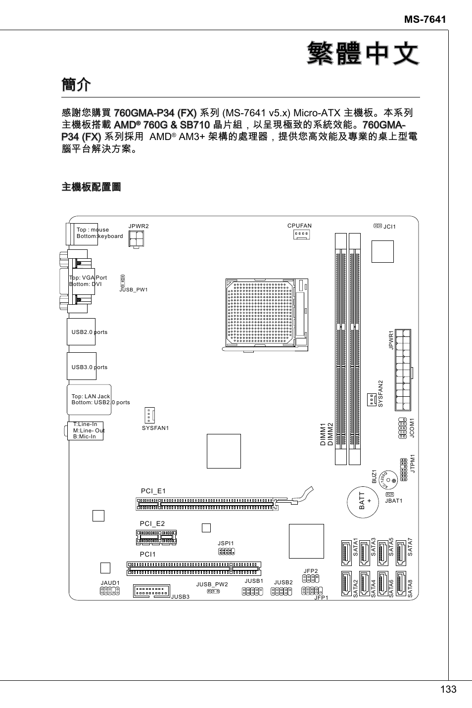 繁體中文, Am3+ 架構的處理器，提供您高效能及專業的桌上型電 腦平台解決方案。 主機板配置圖 | MSI 760GMA-P34 (FX) User Manual | Page 133 / 172