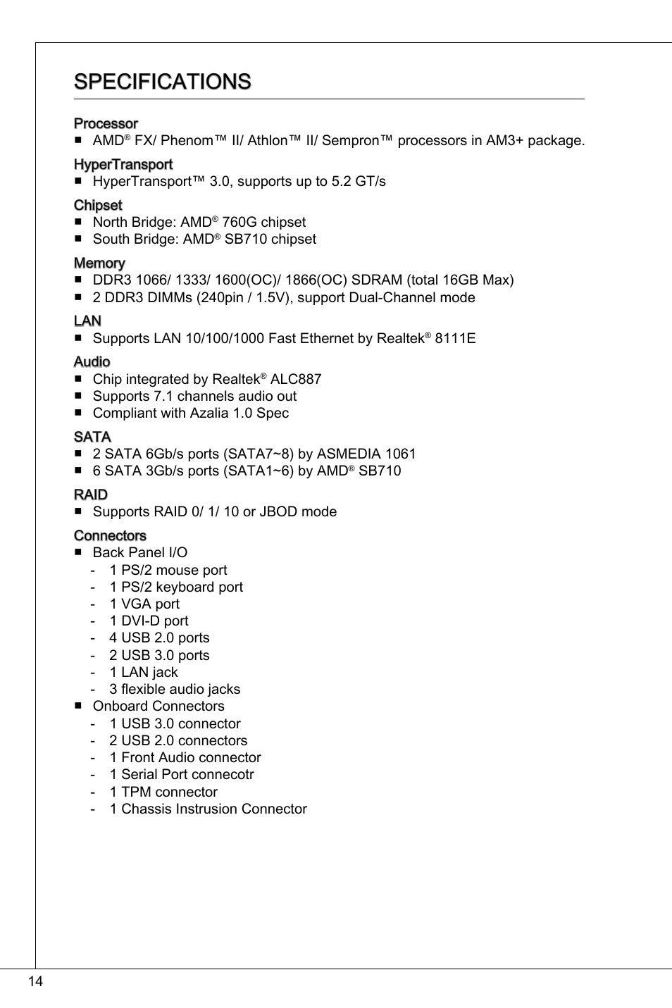 Specifications | MSI 760GMA-P34 (FX) User Manual | Page 14 / 172