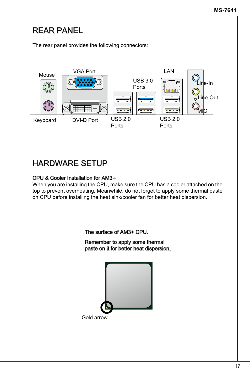 Rear panel, Hardware setup | MSI 760GMA-P34 (FX) User Manual | Page 17 / 172