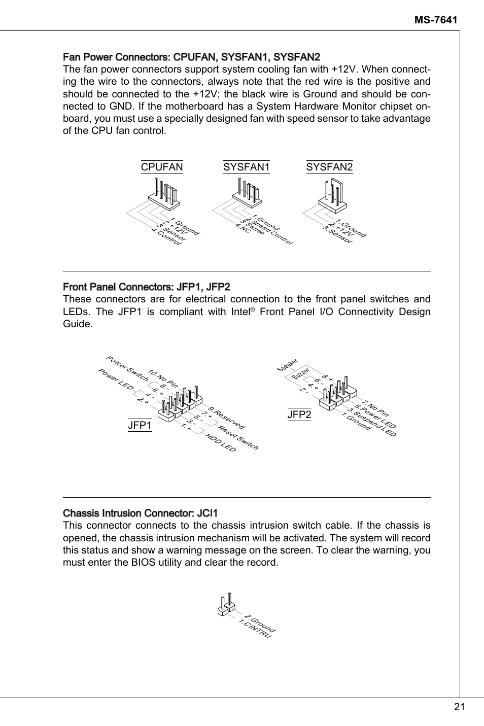 Cpufan sysfan2, Front panel i/o connectivity design guide | MSI 760GMA-P34 (FX) User Manual | Page 21 / 172