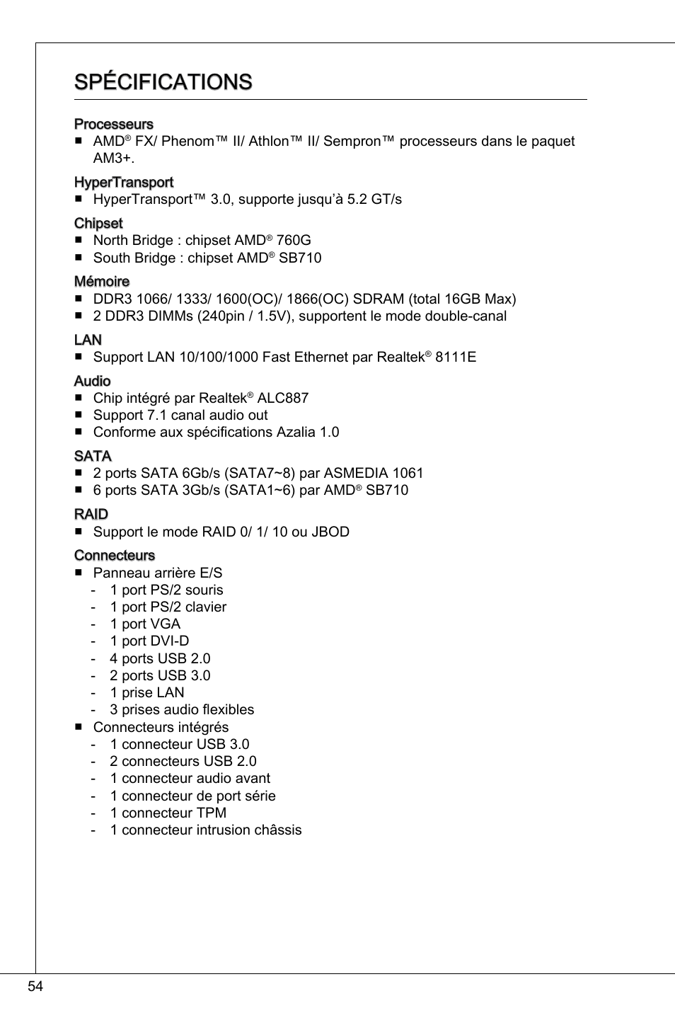 Spécifications | MSI 760GMA-P34 (FX) User Manual | Page 54 / 172