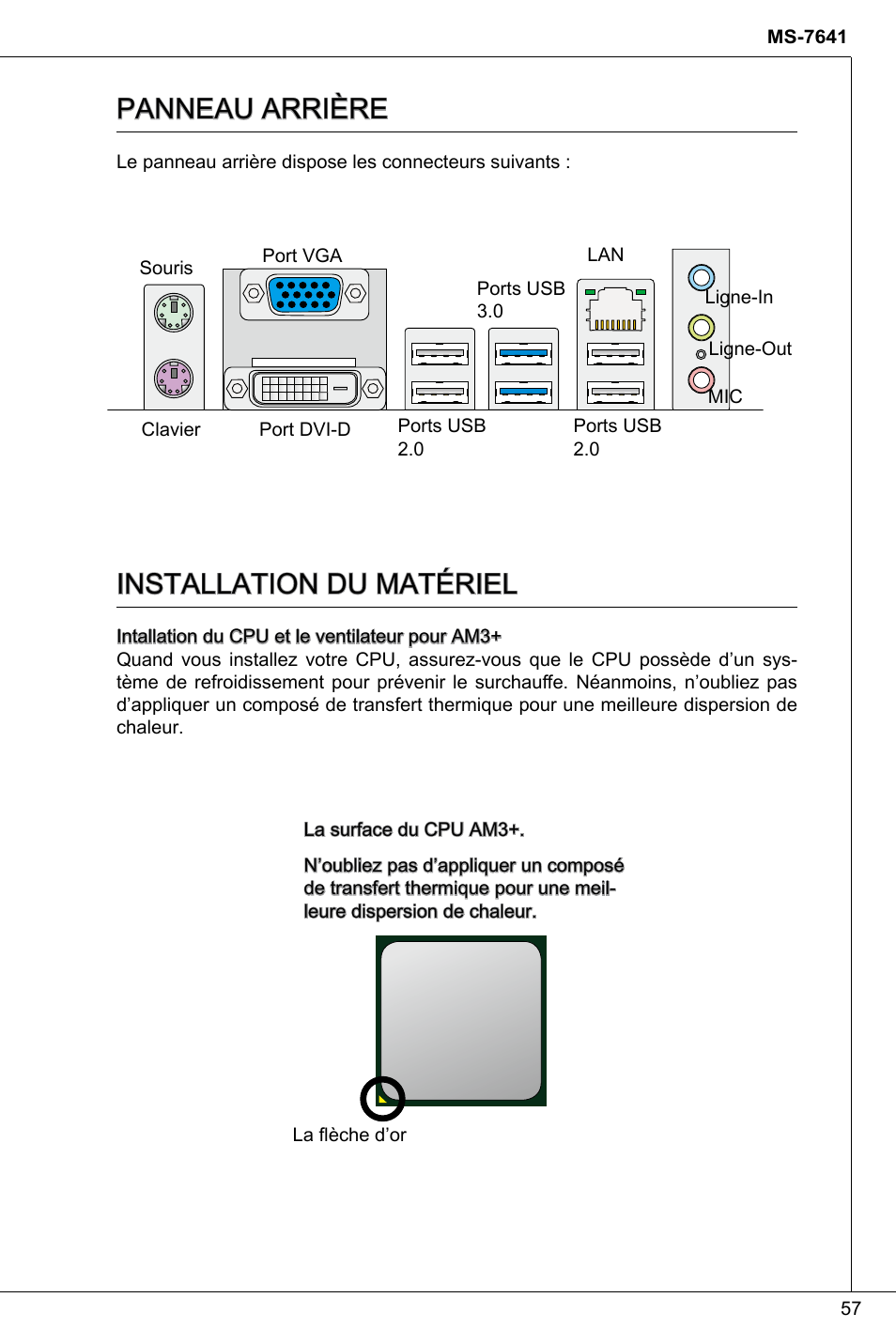 Panneau arrière, Installation du matériel | MSI 760GMA-P34 (FX) User Manual | Page 57 / 172