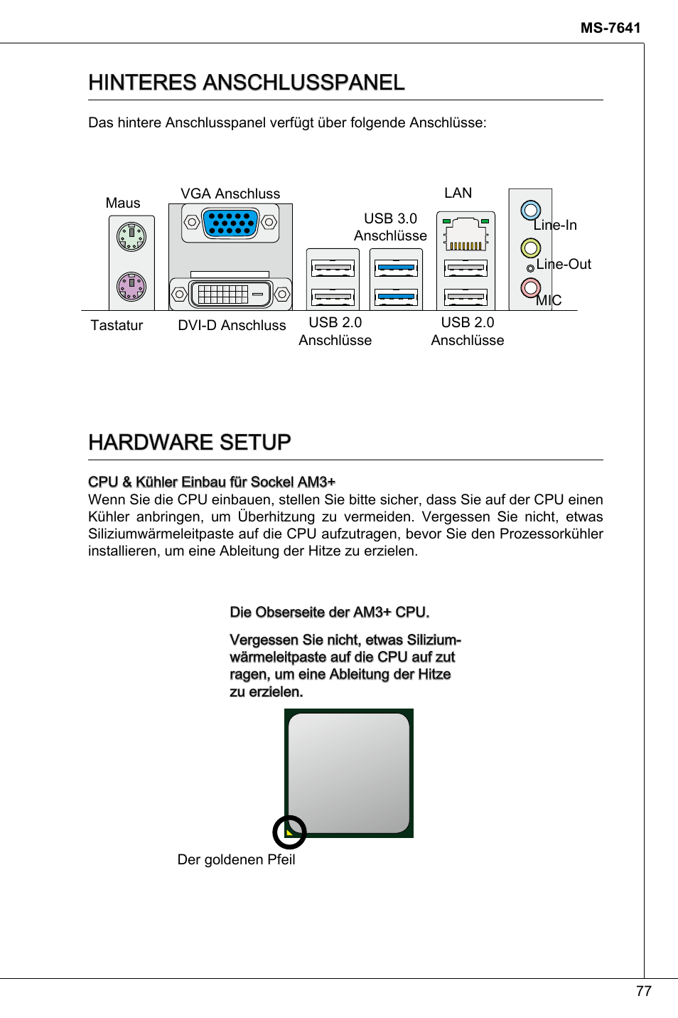Hinteres anschlusspanel, Hardware setup | MSI 760GMA-P34 (FX) User Manual | Page 77 / 172