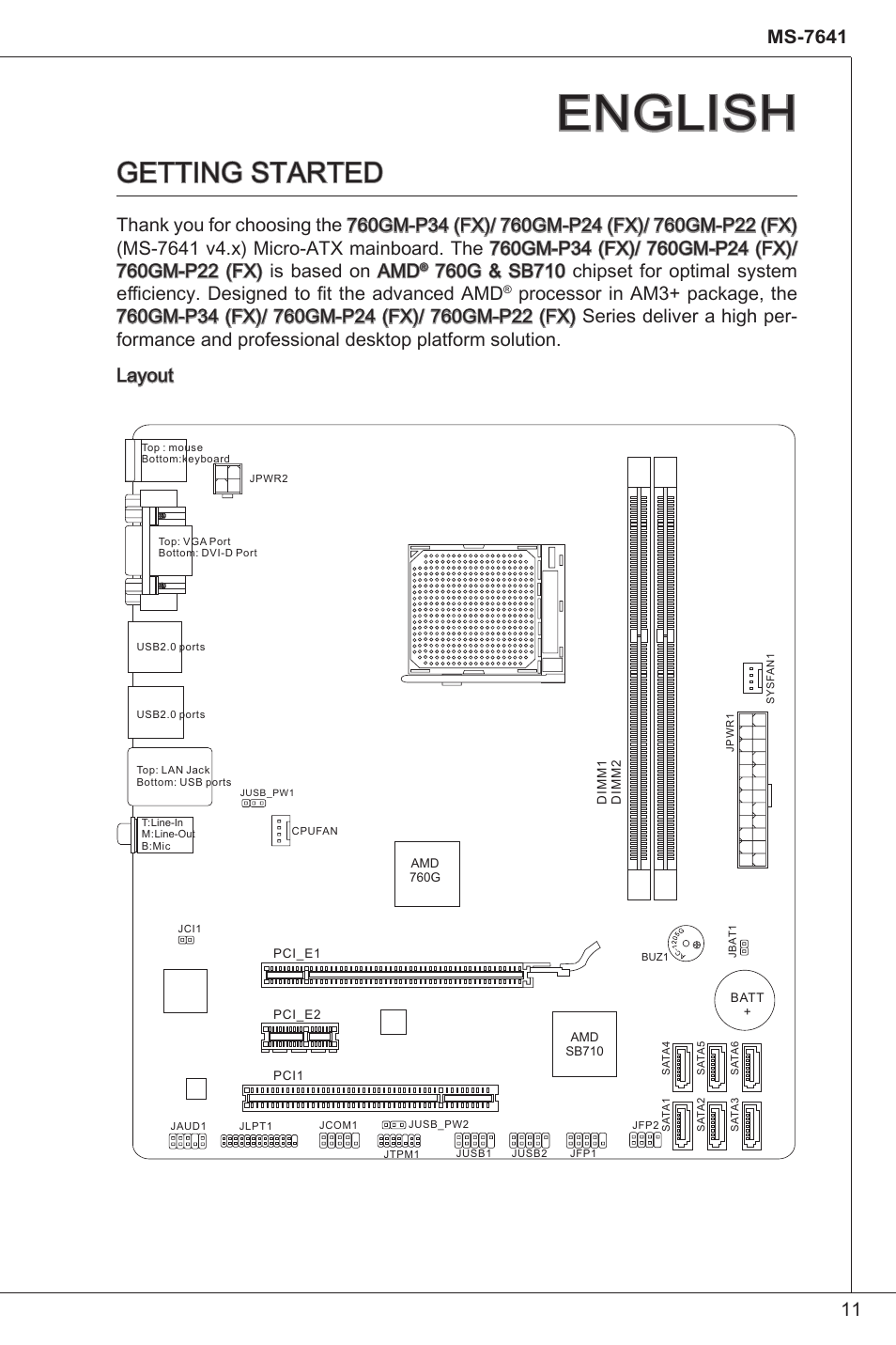 English, Getting started, Ms-7641 | MSI 760GM-P34 (FX) User Manual | Page 11 / 171