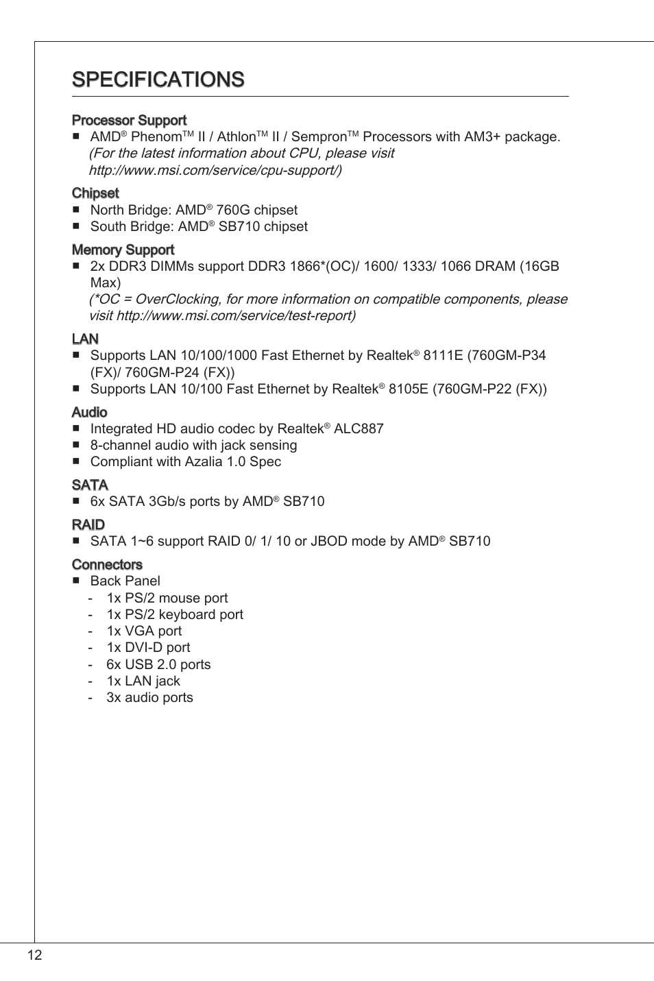 Specifications | MSI 760GM-P34 (FX) User Manual | Page 12 / 171