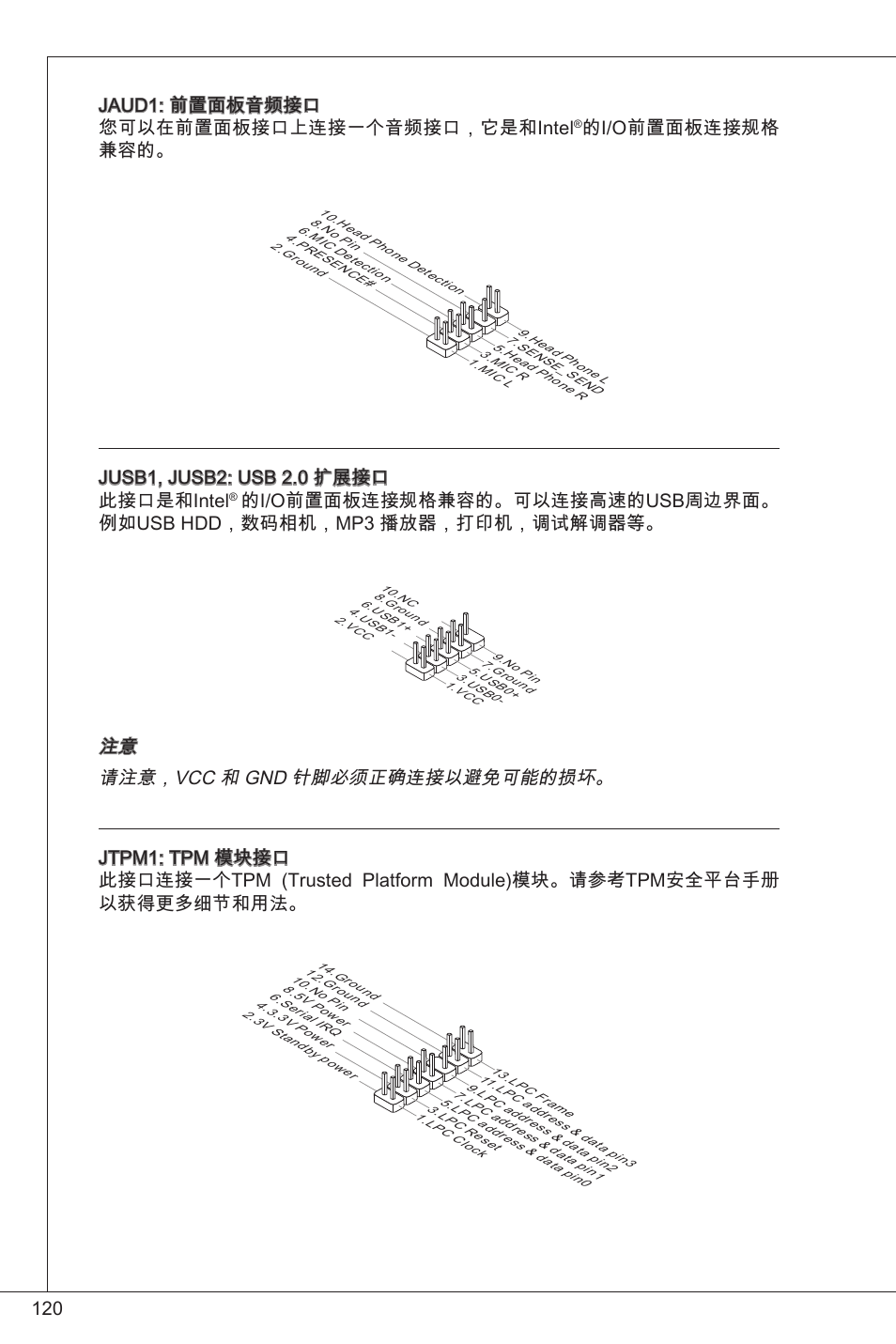 20 jaud: 前置面板音频接口 您可以在前置面板接口上连接一个音频接口，它是和intel, 的i/o前置面板连接规格 兼容的, Jusb, jusb2: usb 2.0 扩展接口 此接口是和intel | MSI 760GM-P34 (FX) User Manual | Page 120 / 171