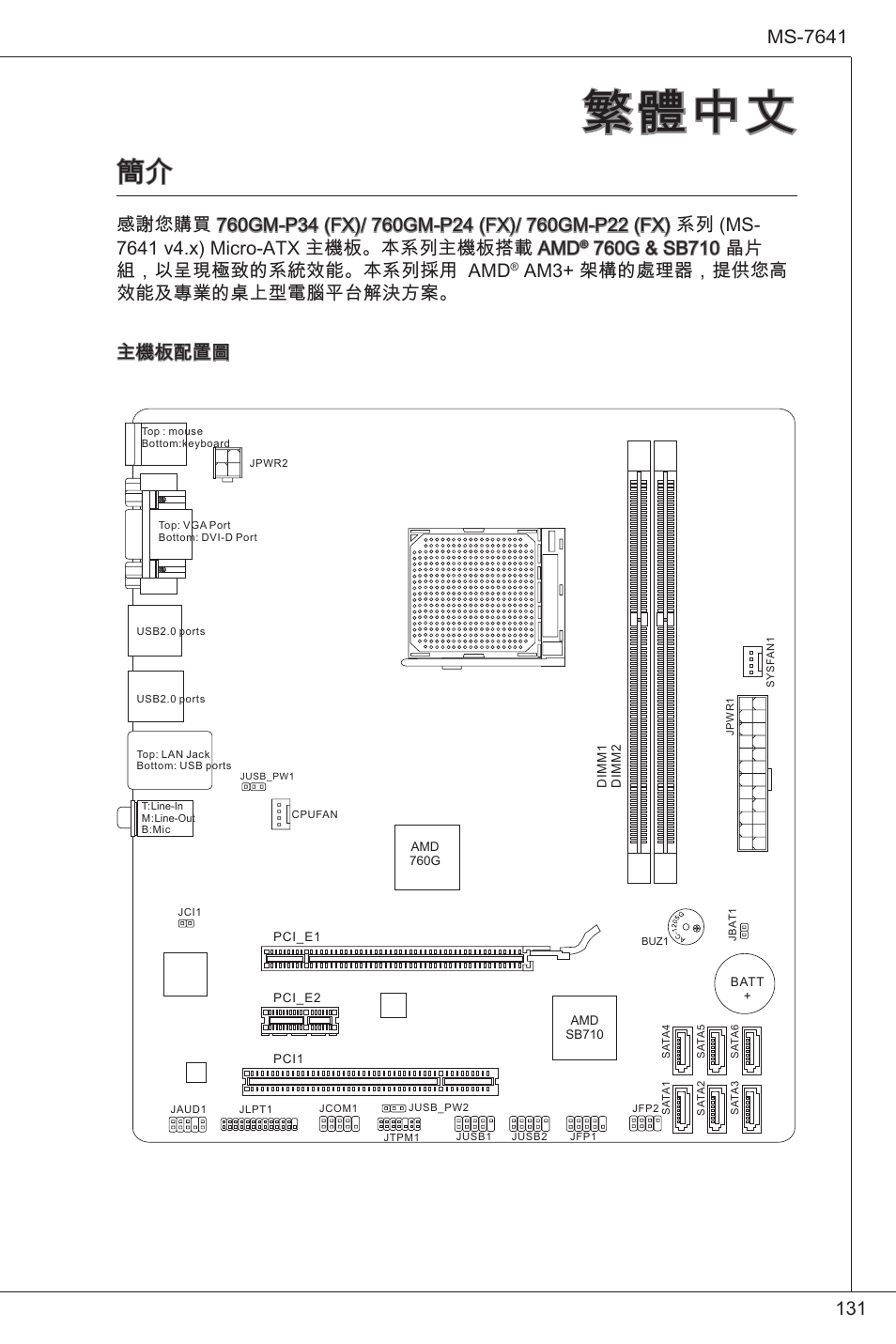 繁體中文, 3 ms-764, Am3+ 架構的處理器，提供您高 效能及專業的桌上型電腦平台解決方案。 主機板配置圖 | MSI 760GM-P34 (FX) User Manual | Page 131 / 171