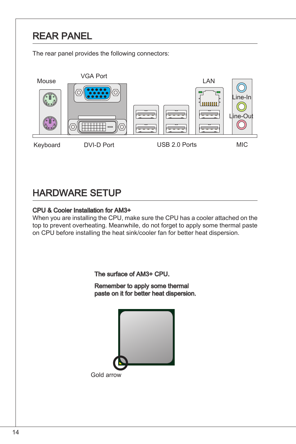 Rear panel, Hardware setup | MSI 760GM-P34 (FX) User Manual | Page 14 / 171