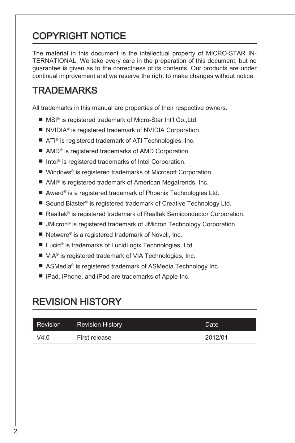 Copyright notice, Trademarks, Revision history | MSI 760GM-P34 (FX) User Manual | Page 2 / 171