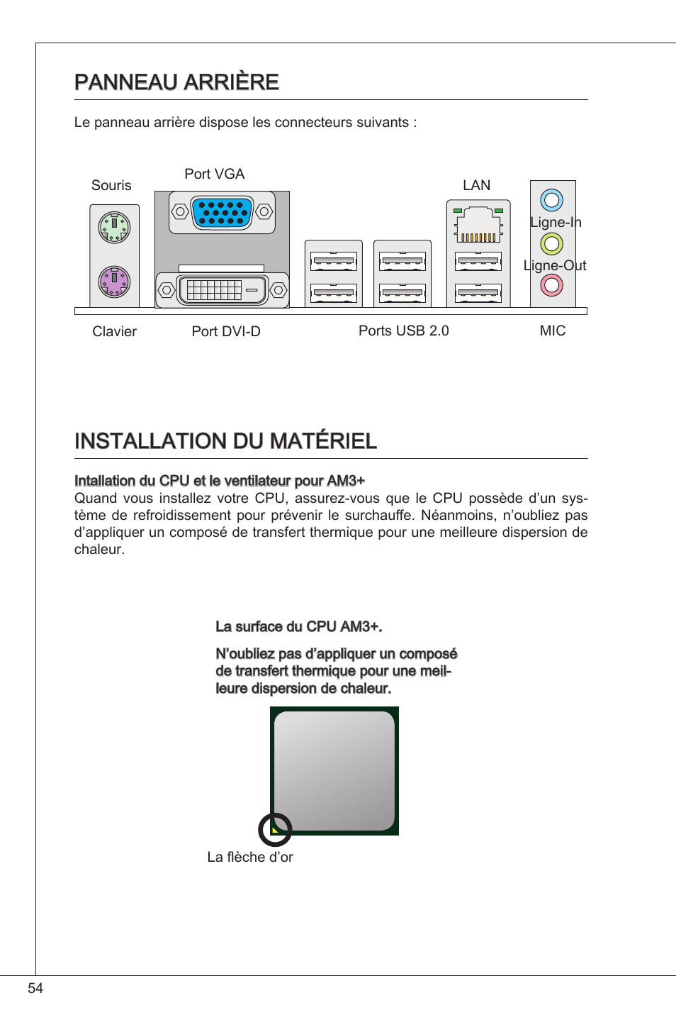 Panneau arrière, Installation du matériel, Panneau arrière installation du matériel | MSI 760GM-P34 (FX) User Manual | Page 54 / 171