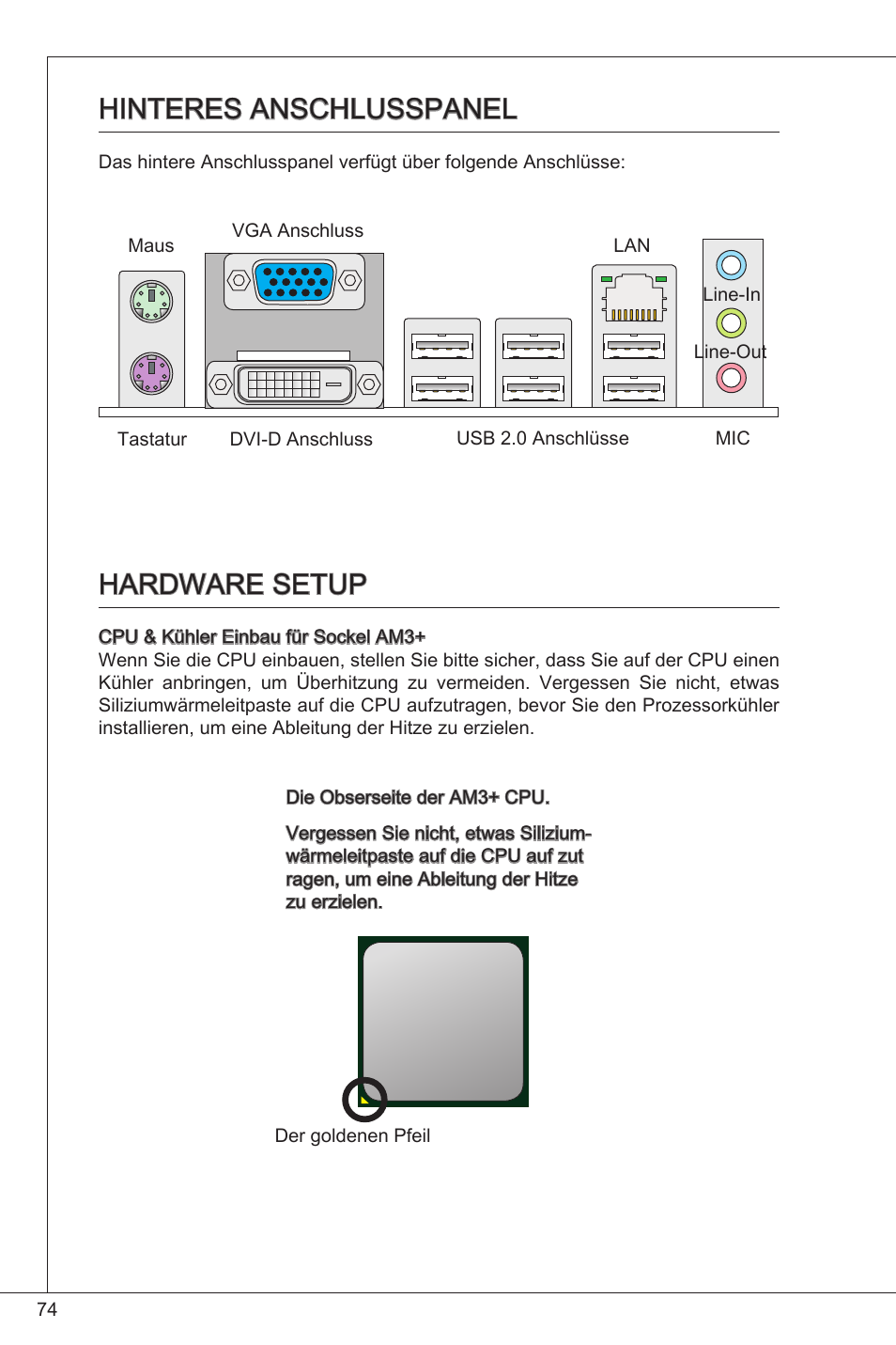 Hinteres anschlusspanel, Hardware setup, Hinteres anschlusspanel hardware setup | MSI 760GM-P34 (FX) User Manual | Page 74 / 171
